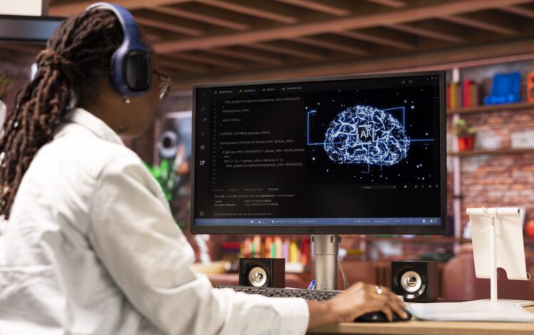 Artificial Intelligence Developer Female developer wearing headphones, doing checkup on AI systems