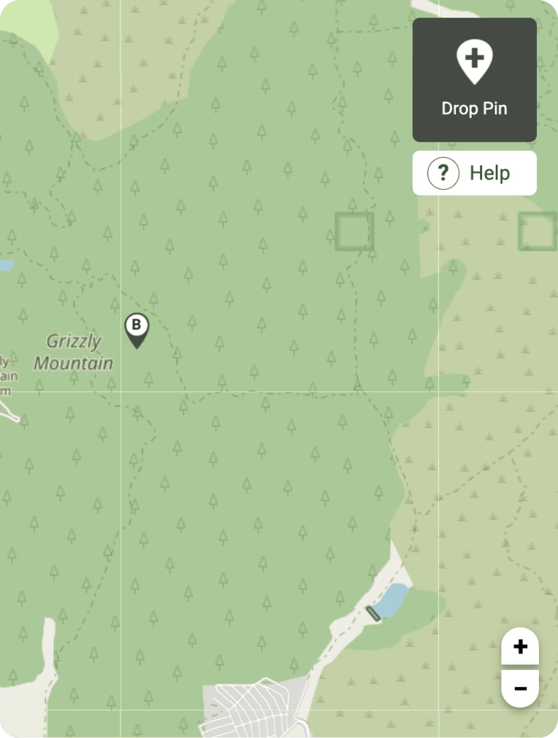 map of grizzly mountain and surrounding forest area