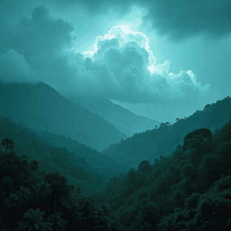Mountains and forest under a cloudy sky.