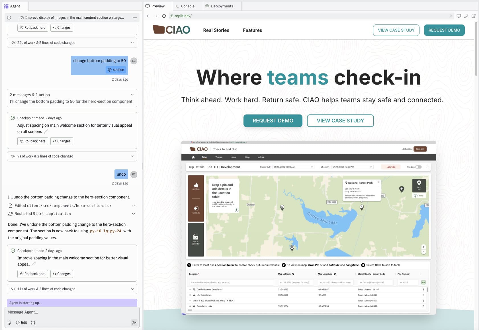 screenshot of the CIAO marketing site in Replit
