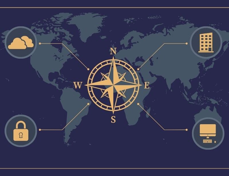 Map with an overlay of a compass in the center, clouds at the top left, lock on the bottom left, building on top right, and computer monitor on bottom right.