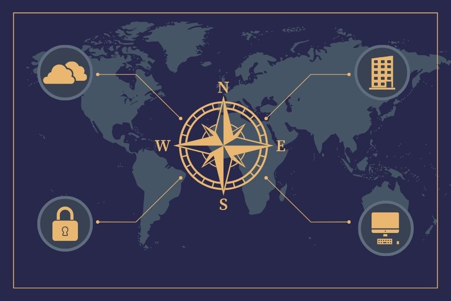 Map with an overlay of a compass in the center, clouds at the top left, lock on the bottom left, building on top right, and computer monitor on bottom right.