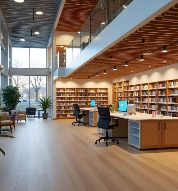 library with shelves of books and desks with computers