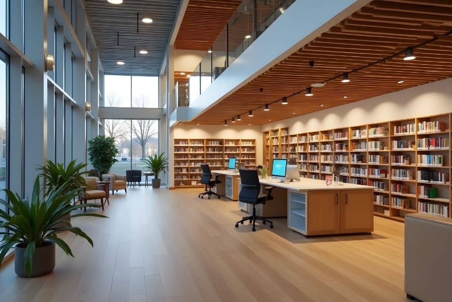 library with shelves of books and desks with computers