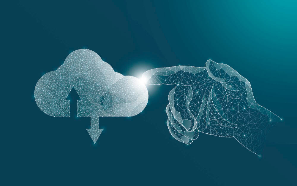 Digital hand touching a digital cloud with upload and download arrows